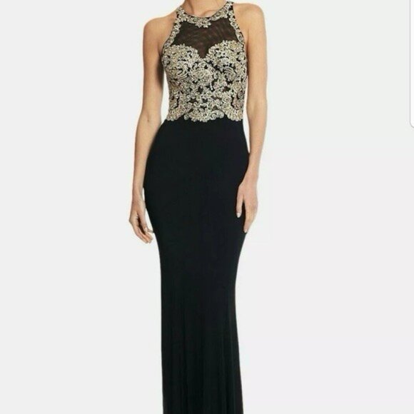 NWT Xscape Black Gold Full Length Illusion Sleeveless Gown Womens Size 12 - Picture 1 of 14